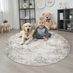 Round Area Rug for Living Room: 4 ft Washable Modern Abstract Soft Thin Rug Indoor Floor No Slip Stain Resistant Carpet for Bedroom Dining Room Farmhouse Nursery Home Office - Brown Grey