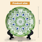 HABEN ARTWORK 10" Ceramic Plates for Display Green Floral Mandala White Blue Flowers Botanical Style Decorative Plate with Stand and Hook for Kitchen Dining Room Wall Hanging Decor