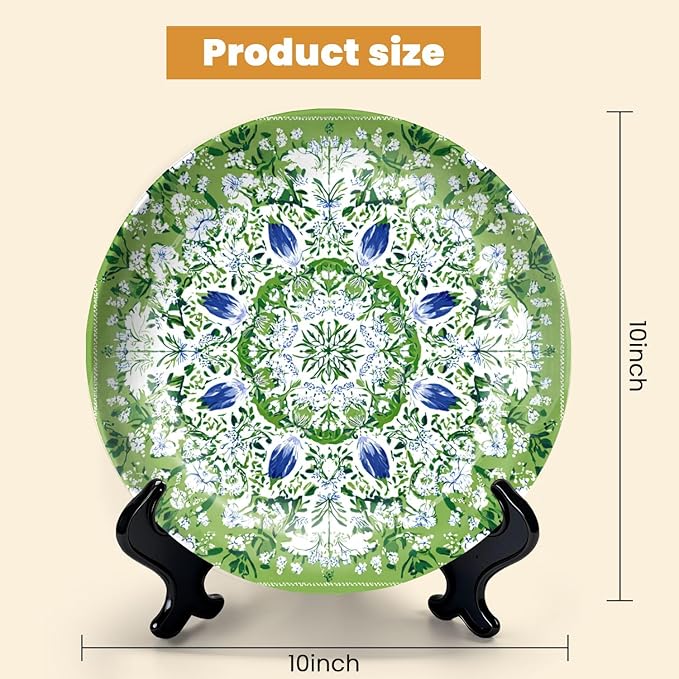 HABEN ARTWORK 10" Ceramic Plates for Display Green Floral Mandala White Blue Flowers Botanical Style Decorative Plate with Stand and Hook for Kitchen Dining Room Wall Hanging Decor