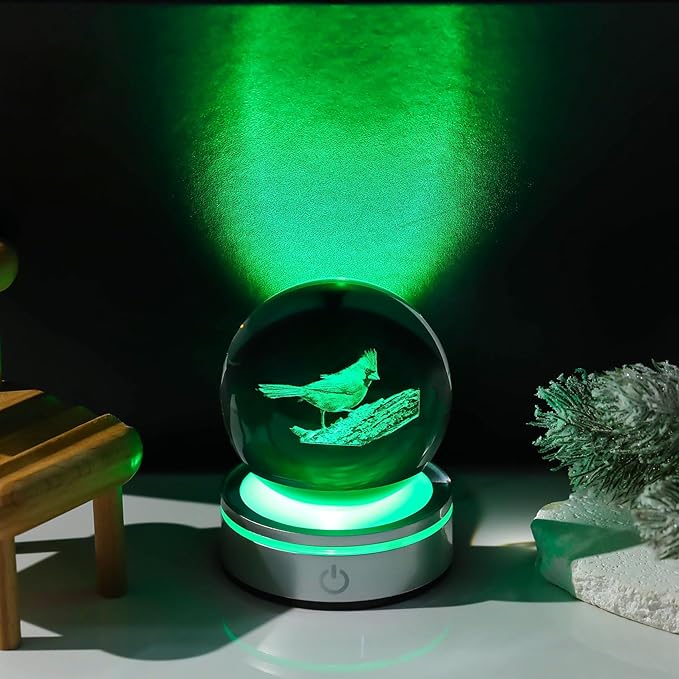 Movdyka 3D Crystal Ball Red Cardinal Gifts for Women Men, Cardinal Memorial Gifts for Loss of Loved One, Laser Engraved Red Bird Decor Glass Animals Figurine with LED Night Light Lamp Base