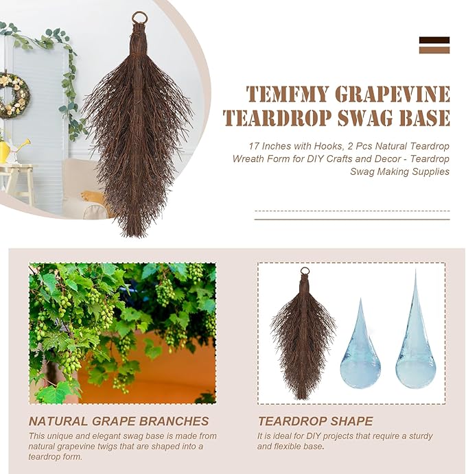 Grapevine Teardrop Swag Base - 17 Inch Natural Teardrop Wreath Form for DIY Crafts - Grapevine Swag Making Supplies for Decor - 2 Pack