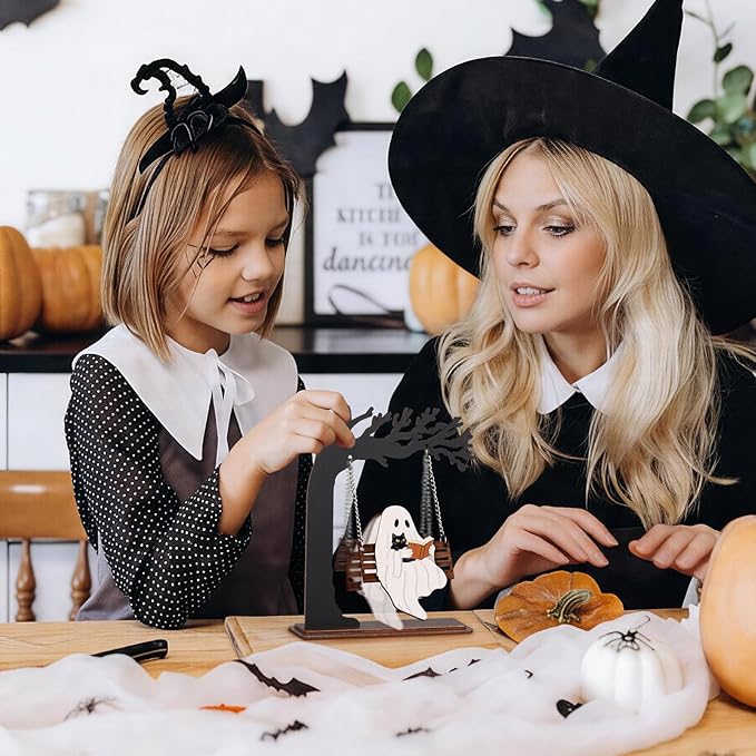 Funny Halloween Desktop Swing Decor, Spooky Indoor Home Decor for Living Room/Kitchen/Tabletop, Gothic Fall Themed Desktop Ornament, Unique Halloween Decoration for Women (Ghost)