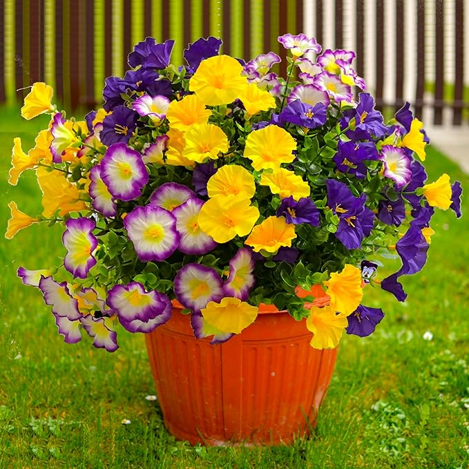 Artificial Faux Flowers for Outdoors, 12 Bundles Artificial Plants Outdoor UV Resistant, Fake Morning Glory Silk Flowers for Outside Planter Porch Patio Yard