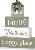 Cinnvoice 4 Pcs Farmhouse Tabletop Decor Rustic Family Blessed Home Table Centerpiece This Is Us Sign for Kitchen Shelf Desk Fireplace Mantel Tiered Tray Decor(Gather Family This is Our Happy Place)