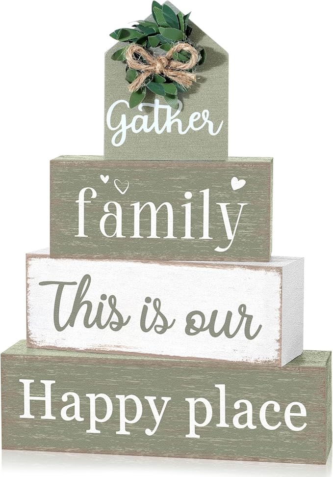 Cinnvoice 4 Pcs Farmhouse Tabletop Decor Rustic Family Blessed Home Table Centerpiece This Is Us Sign for Kitchen Shelf Desk Fireplace Mantel Tiered Tray Decor(Gather Family This is Our Happy Place)