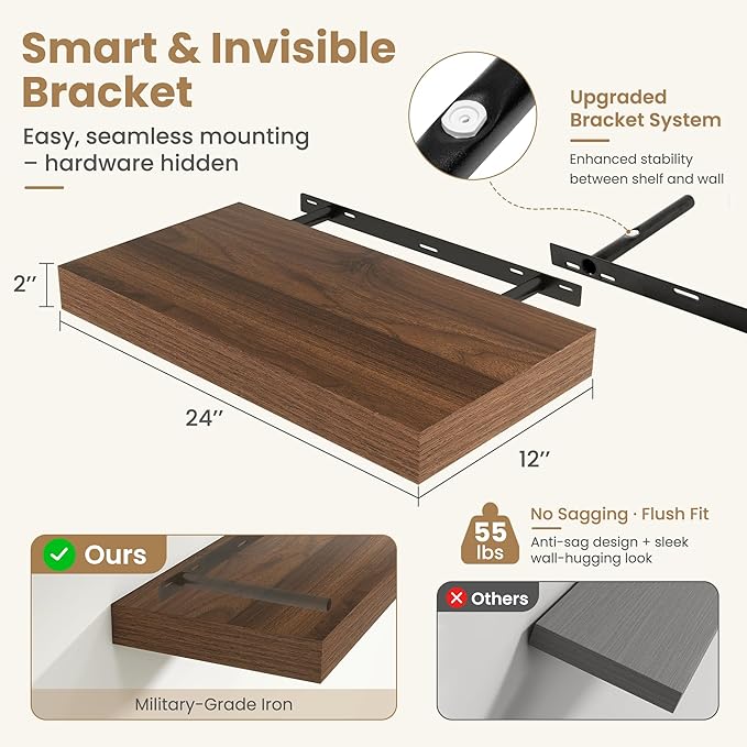 FLYJOE 24 Inch Long Floating Shelves for Wall Set of 1, 12" D Wood Grain Bathroom Shelves with Invisible Brackets, Easy Install Engineered Wood Storage Shelves for Kitchen, Living Room, Bedroom