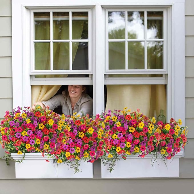 12 Bundles Artificial Flowers,Faux Plants for Spring Summer Decoration, UV Resistant Colorful Violets Eucalyptus for Outside Home Planter Porch Patio Yard Decor