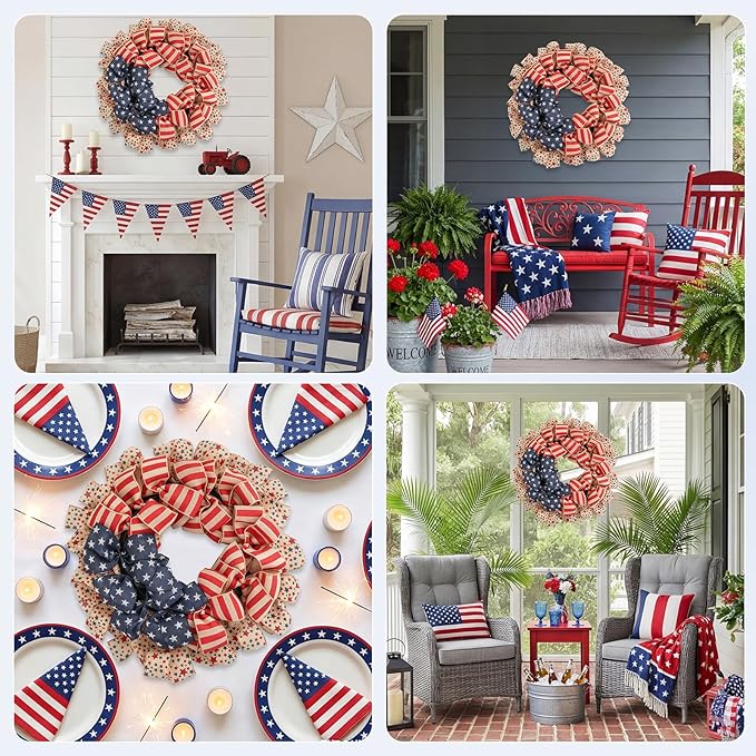 Patriotic Wreath for Front Door, 24 inch 4th of July Decorations Burlap Foldable Wreath for 250th Anniversary American Independence Day Memorial Day Decor
