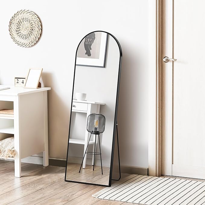 DUMOS 59"x16" Arched Full Length Mirror with Stand, Floor Standing Aluminum Frame, Shatter-Proof Nano Glass for Bedroom, Living Room, Cloakroom – Modern Simple Home Decor,Hanging or Leaning,Black