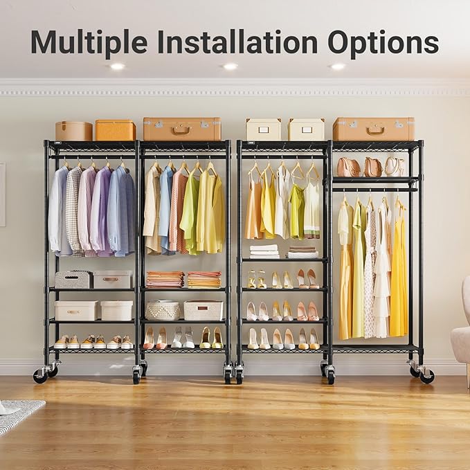 VIPEK R4C Rolling Garment Rack 6 Tiers Adjustable Heavy Duty Wire Shelving Portable Clothes Rack with Lockable Wheels, Black Metal Clothing Rack with Grey Upgraded Polyester Cover, Max Load 620lbs