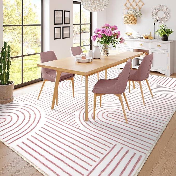 Lahome Abstract 6x9 Area Rugs, Soft Washable Rugs for Living Room Ultra-Thin Non Slip Dining Room Rug, Pink Rug Throw Large Carpet for Bedroom Office(6'x9',Pink/White)