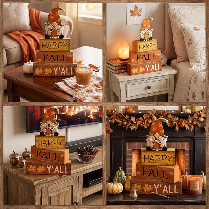 Lineshading 4 Pcs Fall Decorations for Home Wooden Gnome Block Sign Thanksgiving Tiered Tray Decor Thanksgiving Centerpiece Rustic Fall Table Decor for Autumn Harvest Party Home Kitchen Decorations
