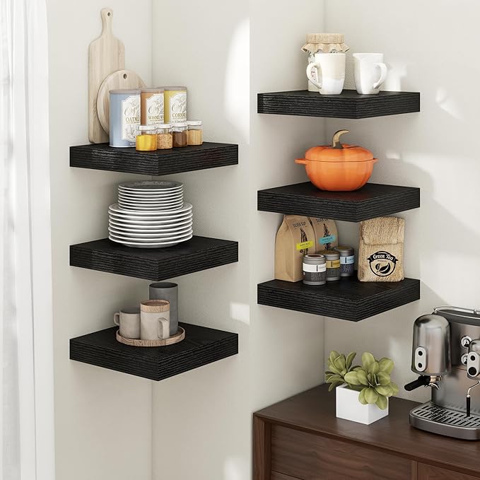 12 Inch Square Floating Shelves for Wall 2 Pack, 12"D Wood Grain Bathroom Shelves with Invisible Brackets, Easy Install Engineered Wood Storage Shelves for Kitchen, Living Room, Bedroom, Black Finish