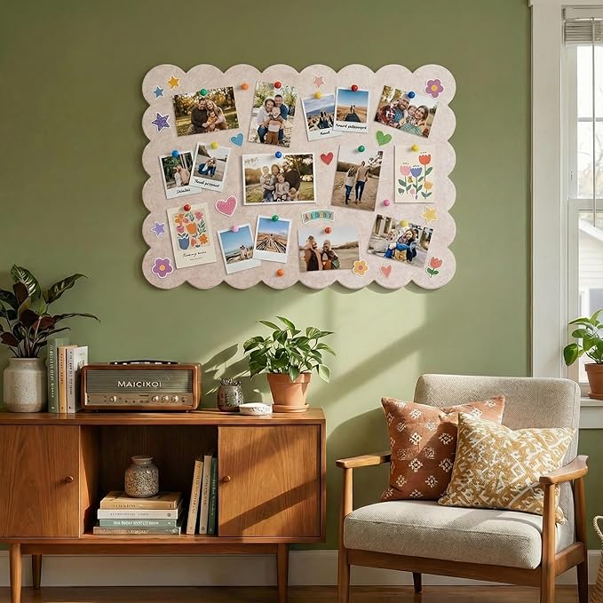 Scalloped Beige Felt Bulletin Board 36x24 Inches - Self-Adhesive Foldable, with 30 Pushpins, Cork Board Alternative - Decorative Pin Board for Wall, Home, Office & School (Beige, 36"x 24")
