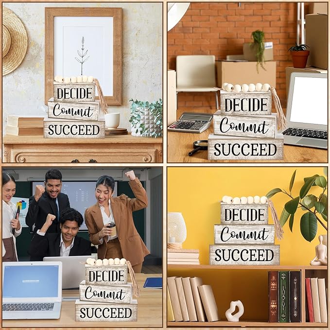 4 Pcs Inspirational Farmhouse Table Decor Rustic Motivational Wooden Stacked Block Decor,Decide Commit Succee Sign with Wood Bead Tassel, Inspirational Tiered Tray Decoration for Home
