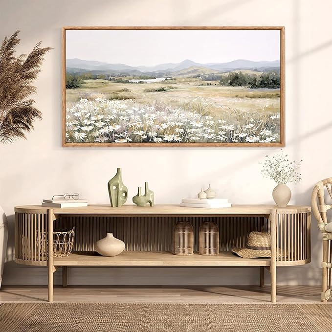 KAIRNE Landscape Canvas Wall Art,Boho Floral Prints Set of 1(20”X40”),Flower Garden Paintings,Wildflower Field Scene Wall Decor,Botanical Art for Living Room Bedroom Kitchen Farmhouse Decor,Framed