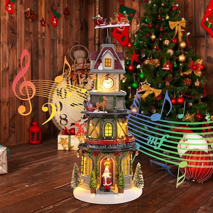 Christmas Village Houses Christmas Collectible Buildings Bell Tower with LED Lights,Xmas Vacation Village Musical with USB Indoor Display Figurines Decoration
