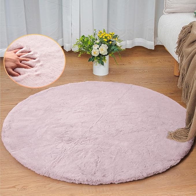 Pink Boho Faux Rabbit Fluffy Fur Rugs for Bedroom Shag Circle Washable Area Rugs for Living Room Nursery Round Rug 4ft