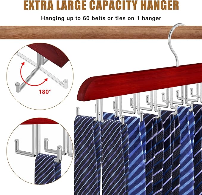 Tie Rack Hanger for Closet, 2 in 1 Belt Tie Hangers with 20 Folding Hooks, 360 Degree Rotating Wooden Tie Holder Organizer for Men Ties Belts Scarves Tank Tops Accessories, Walnut (2 Pack)