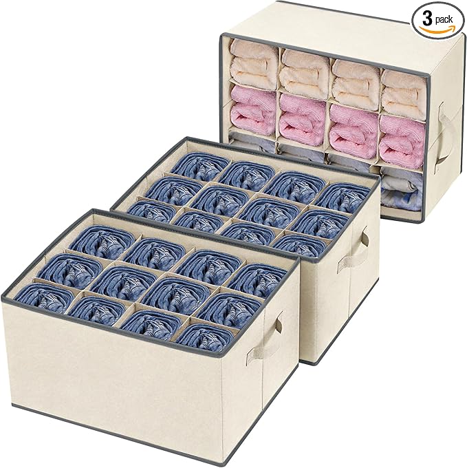 3 Pcs 12 Cell Large Size Pants Organizers for Clothes, Jeans, Sweater, T-shirt, Dress Stackable for Wardrobe Closet Drawer Organizer Storage Bin Container, Beige