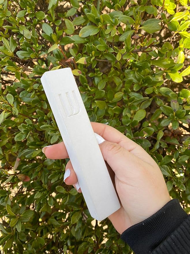 A&S Mezuzot Modern Concrete Mezuzah Case with Scroll, Easy Peel and Stick Mezuza (Ivory+ Engraved Shin, 6 Inches)
