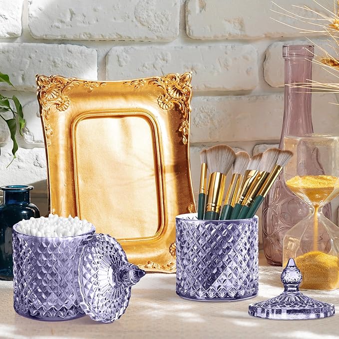 Aoriher 4 Pcs Crystal Glass Candy Jar Set with Lids Home Decorative Storage Jars for Apothecary, Bathroom, Kitchen, and Pantry, Ideal for Cotton Swabs and Jewelry(Medium,Light Purple)
