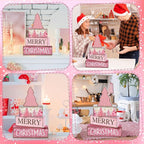 Lineshading 4 Pcs Christmas Table Decoration Wooden Pink Christmas Tree Centerpieces Decor Winter Tiered Tray Decor Rustic Decorative Tree Block Signs Gift Farmhouse Xmas Decoration for Home Kitchen