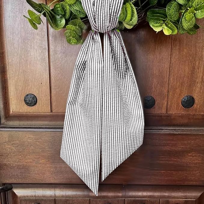 Birthday Wreath Sash for Front Door, Black Stripes Seersucker Ribbons Sash Accessories for Wreath Wedding Anniversary Christmas Decorations