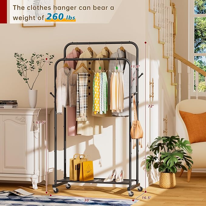 Clothes Garment Coat Rack Drying Clothing Racks Metal Freestanding for Hanging Clothes Portable Closet for Laundry Bedroom Black