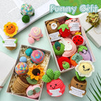 VioraWhite 18 Pcs Christmas Positive Fruit Crochet Animal Dolls with Cheer Cards Stocking Fillers Emotional Crochet Potato Support Handmade Knitted Toy Bulk for Employee Appreciation Gifts