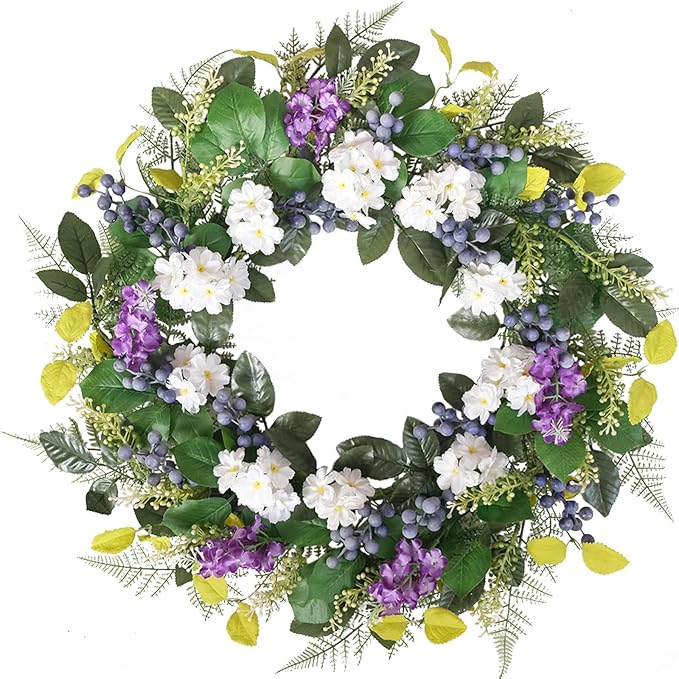 Idyllic 24 Inch Spring Summer Wreath for Front Door - Artificial Blueberry Bunch Wreath with White Purple Flowers Floral Decor for Window Mantel Wedding Indoor Outdoor Home Decoration