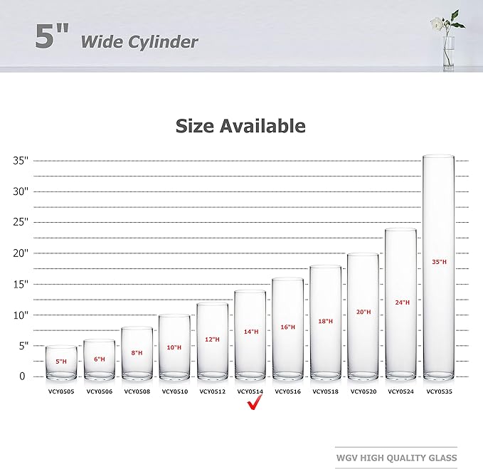 WGV Cylinder Vase, Diameter 5", Height 14", Clear Glass Floral Planter Container, Tall Centerpiece Arrangement for Wedding Party Event Home Office Decor, 1 Piece