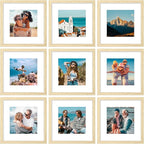 Vittanly 12x12 Picture Frames Set of 9, Shatter Resistant Plexiglass, Display 8x8 Pictures with Mat or 12x12 without Mat, Photo Frames for Wall Mount, Engineered Wood, OAK