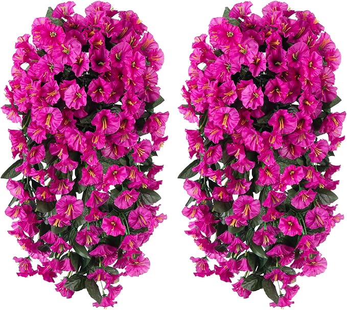 HyeFlora Artificial Fake Hanging Flowers Plants for Outdoor Outside Decoration, 2PCS Faux Silk UV Resistant Look Real Fuchsia Morning Glory Trailing Vines for Home Planter Porch Patio