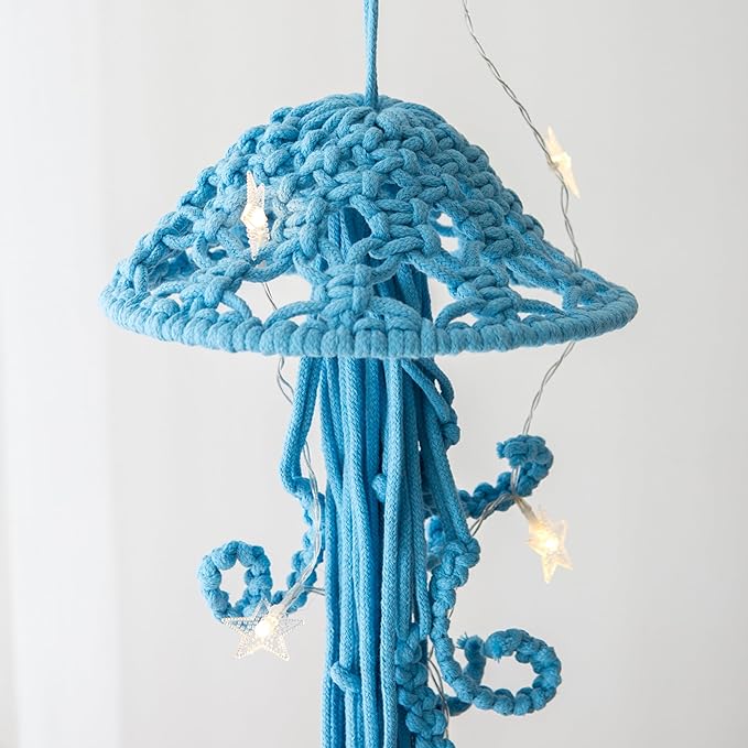 Macrame Wall Hanging,Jellyfish Dream Catcher with Star Lights,Bohemian Woven Wall Art Decor Beautiful Apartment Dorm Room Door Decoration (Blue)