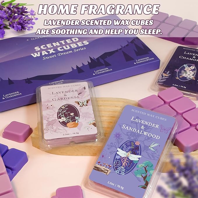 SCENTORINI Wax Melts, Wax Cubes Strong Scent, Summer Scents, Lavender Scented Wax for Sleep, Wax Melts for Warmer, 2*Lavender & Gardenia, Sage, Chamomile, Sandalwood, 2.5 oz 8-Pack