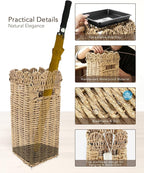 Woven Umbrella Stand for Entryway, PE Rattan Umbrella Holder Basket with Removable Drip Tray, Scalloped Square Cane Stand for Umbrellas, Walking Sticks, Wrapping Paper, Farmhouse Porch Decor, 16.5"
