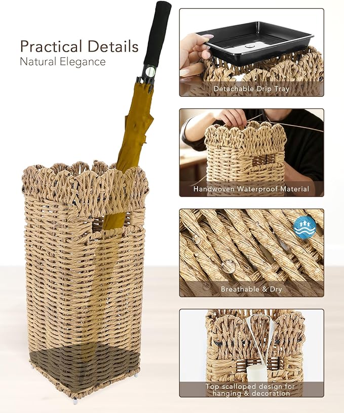 Woven Umbrella Stand for Entryway, PE Rattan Umbrella Holder Basket with Removable Drip Tray, Scalloped Square Cane Stand for Umbrellas, Walking Sticks, Wrapping Paper, Farmhouse Porch Decor, 16.5"
