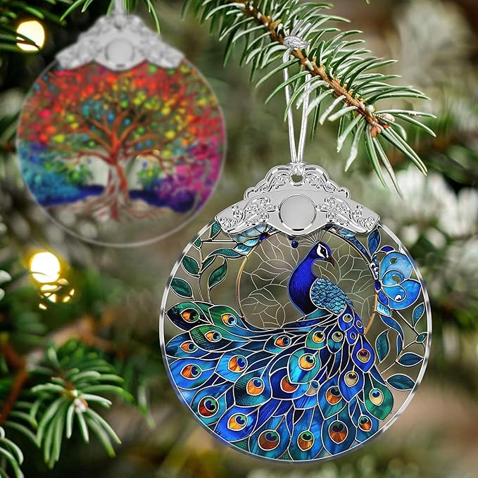Stained Glass Suncatcher Ornament - Peacock Christmas Decorations - Christmas Ornaments for Tree - Holiday Present Ideas - Gift Exchange