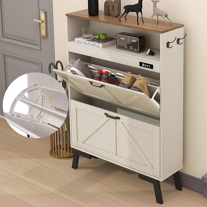 TaoHFE Deodorizing Shoe Organizer Cabinet Storage for Entryway,Shoe Cabinet Storage with 2 Flip Drawers,White Fluted Shoe Cabinet with Air-Purifier,Farmhouse Hidden Cabinet