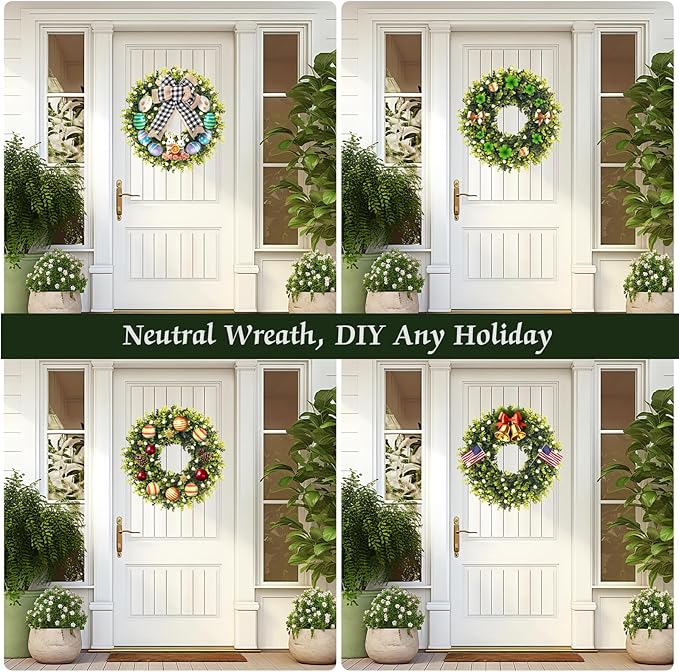 24'' Boxwood Wreath for Front Door, Porch, Window - Foldable Greenery Boxwood Wreaths for Farmhouse Wedding Indoor Outdoor Decor - Spring, Summer, Fall, All Seasons