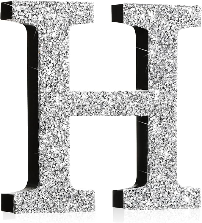 Qunclay 12'' Silver Crystal Diamond Bling Letters Crushed Diamond Decoration Wooden Glitter Letter with Screw and Hooks Rhinestone Gift for Wedding Y2k Mcbling Bedroom Wall Decor (Letter H)