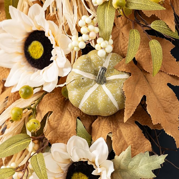 Glitzhome Fall Teardrop Swags for Front Door, 28''H Autumn Swag with Neutral Sunflower, Pumpkin and Leaf, Fall Swags for Front Door, Thanksgiving Harvest Festivals Decor