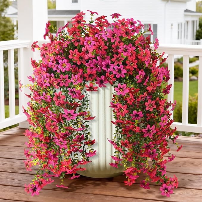 Artificial Hanging Flowers Plants for Outdoor Spring Summer Decoration, 2PCS Faux Silk Daisy UV Resistant Look Real for Outside Home Indoor Planter Porch Garden Yard Decor(Rose Red Fuchsia)
