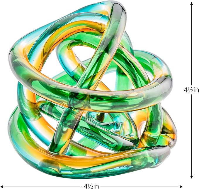 Torre & Tagus Orbit Hand Blown Glass Infinity Knot Sculpture - 4.5 Inch Glass Art Teal Amber Knot Decor Ball for Home Decor, Small Centerpiece Table Decoration for Home Interior (Ombre Ocean Sunset)