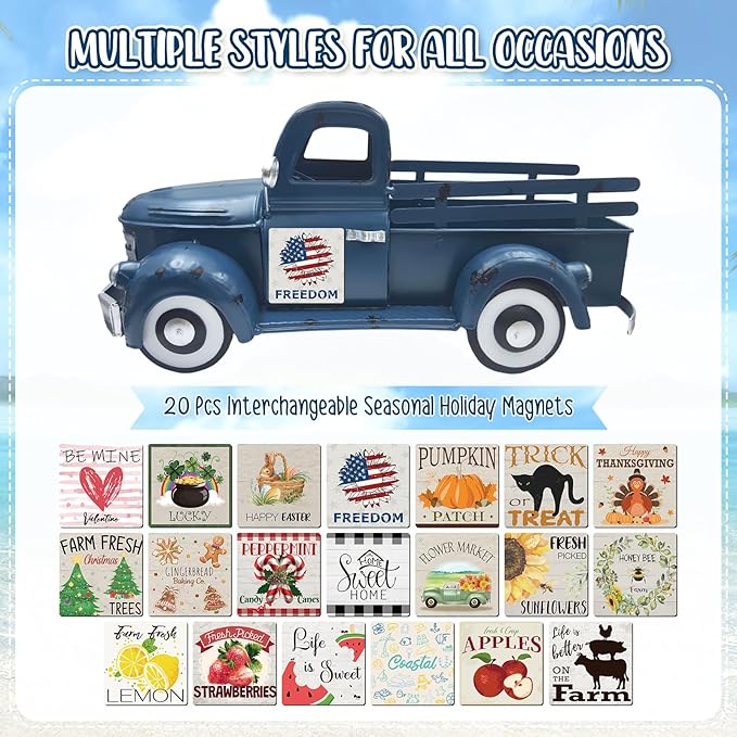 4th of July Decorations 13.4 Inch Farmhouse Vintage Truck with 20 Magnets Sign Interchangeable Seasonal Decor Rustic Metal Pickup Independence Day Patriotic Centerpieces for Home, Dark Blue