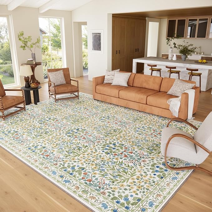 Washable 9x12 Area Rug - Light Green Vintage Floral for Living Room, Dining Room Under Table & Bedroom - Soft Low Pile, Non-Slip & Stain Resistan