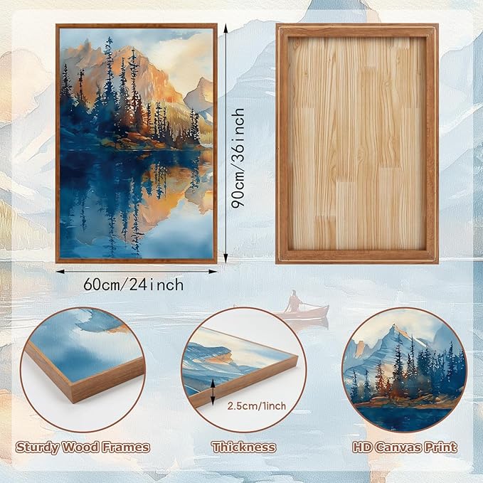 KAIRNE Landscape Wall Art Set of 3(24”X36”),Abstract Forest Canvas Paintings,Watercolor Blue Mountain Lake Prints,Framed Nature Scenery Artwork for Living Room Bedroom Home Office Gallery Decoration