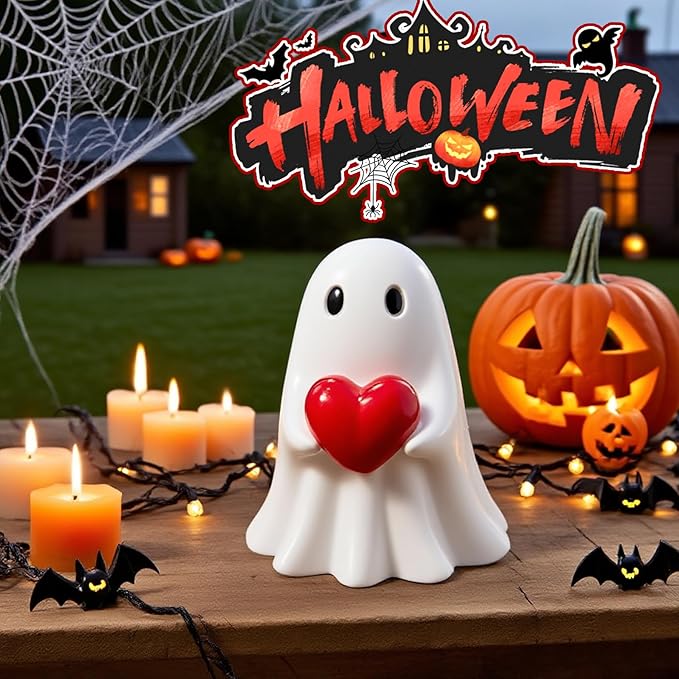 Valentines Ghost Figurine - 3.5 in Spooky Resin Ghost Statue, Funny Cute Red Heart Ghost Valentines Decor for Valentines Day Decoration for Home, Best Valentines Day Gifts for Him Her