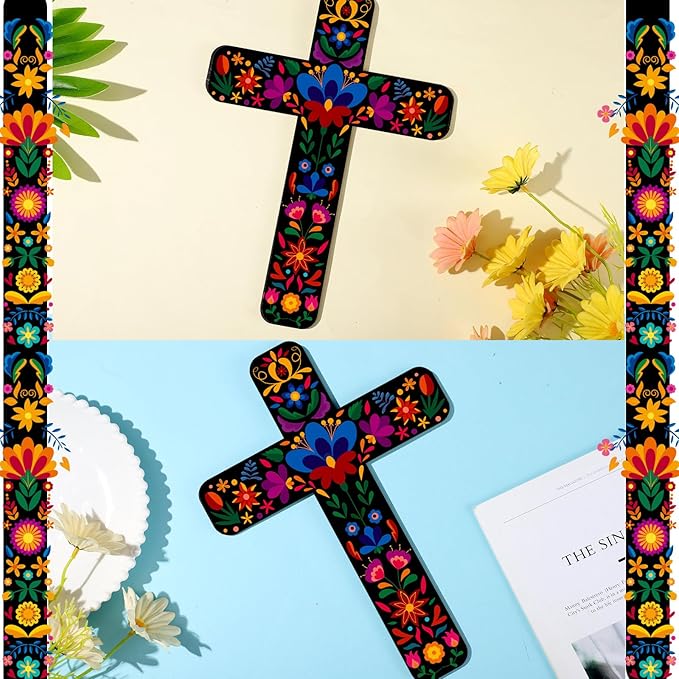 Soaoo 6 Pcs Floral Cross Wall Decor Mexican Home Decor Hand Painted Inspirational Wooden Cross The Ofrenda of The Dead Day Sugar Skull Wall Art Spanish Style Crucifix for Home Room Church Decoration